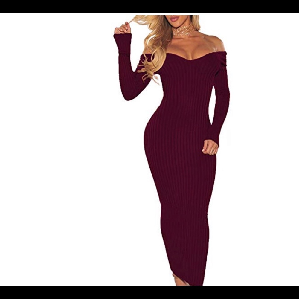 Off the shoulder long sleeve Body-con Knit Dress
